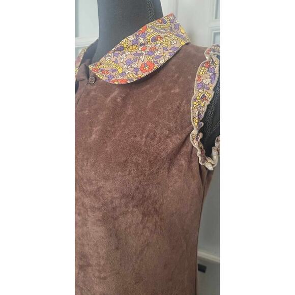 Vintage Handmade Dress Brown w/ Floral Print PeterPan Collar & Ruffled Hem SMALL - Picture 1 of 5